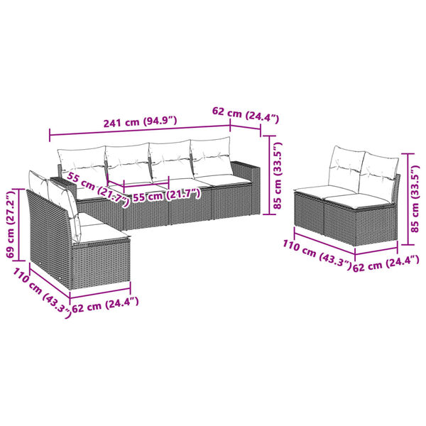 vidaXL 8-delige Loungeset met kussens poly rattan lichtgrijs