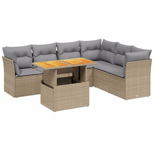 vidaXL 7-delige Loungeset met kussens poly rattan beige