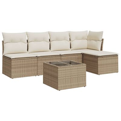 vidaXL 6-delige Loungeset met kussens poly rattan beige