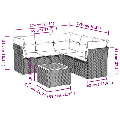 vidaXL 6-delige Loungeset met kussens poly rattan gemengd beige