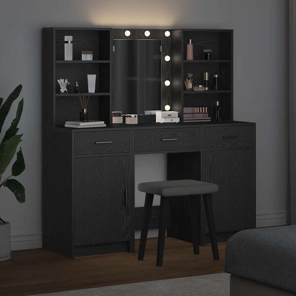 vidaXL Make-up tafel set met LED 3 pcs Zwart Eiken Bewerkt hout