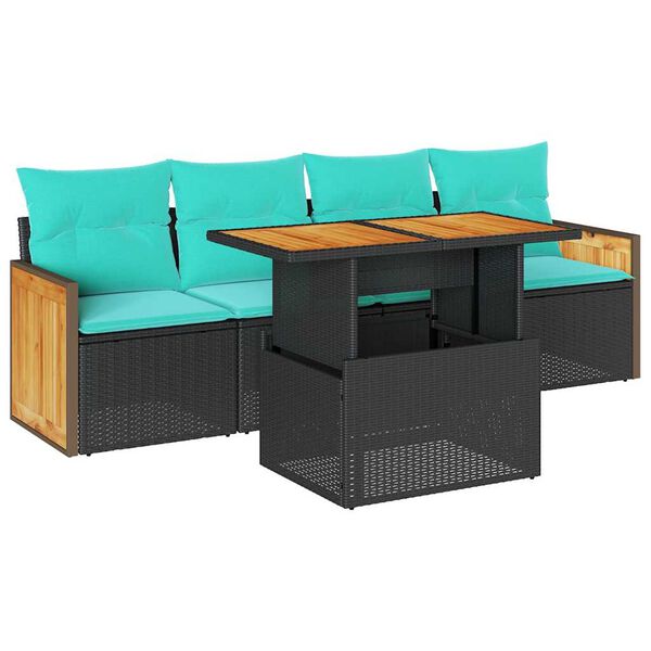 vidaXL 5-delige Loungeset met kussens poly rattan acacia zwart