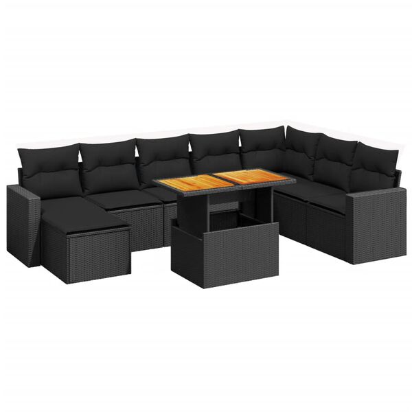 vidaXL 9-delige Loungeset met kussens poly rattan zwart