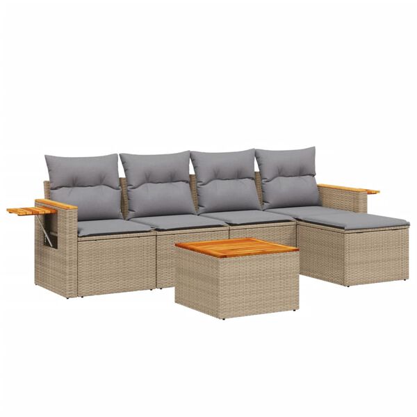 vidaXL 6-delige Loungeset met kussens poly rattan beige