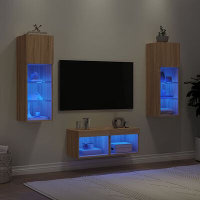 vidaXL 4-delige Tv-wandmeubelset met LED-verlichting sonoma eikenkleur