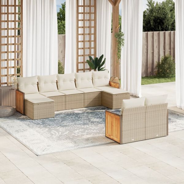vidaXL 9-delige Loungeset met kussens poly rattan beige