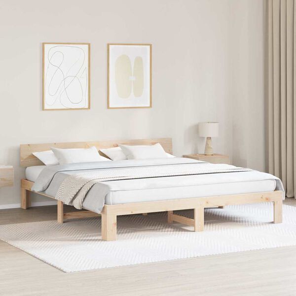 vidaXL Bedframe met hoofdeinde Naturel 200 x 200 cm Massief grenenhout