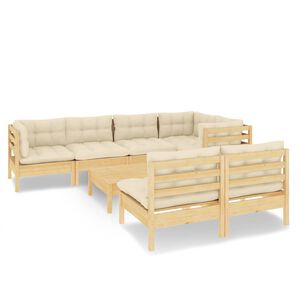vidaXL 8-delige Loungeset met cr&egrave;mekleurige kussens massief grenenhout