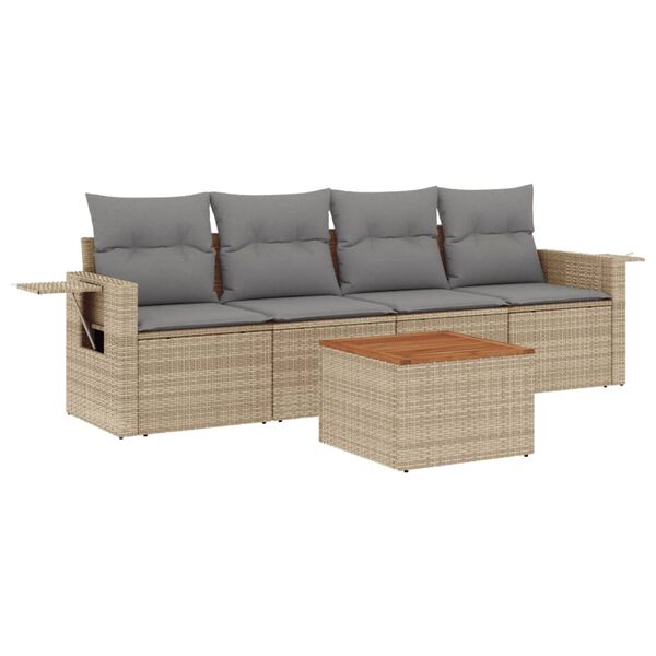 vidaXL 5-delige Loungeset met kussens poly rattan gemengd beige