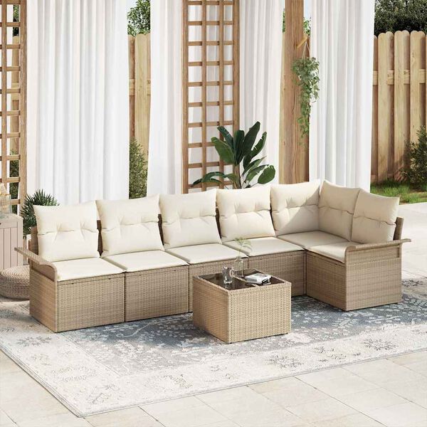vidaXL Tuin Sofa Set met kussen met opslag 7 pcs Beige Poly riet
