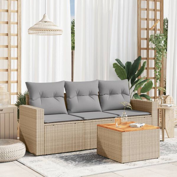 vidaXL 4-delige Loungeset met kussens poly rattan gemengd beige