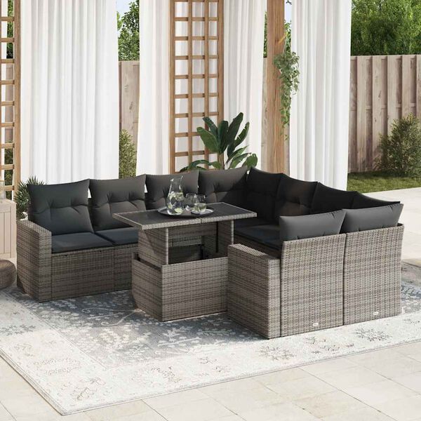 vidaXL 9-delige Loungeset met kussens poly rattan grijs