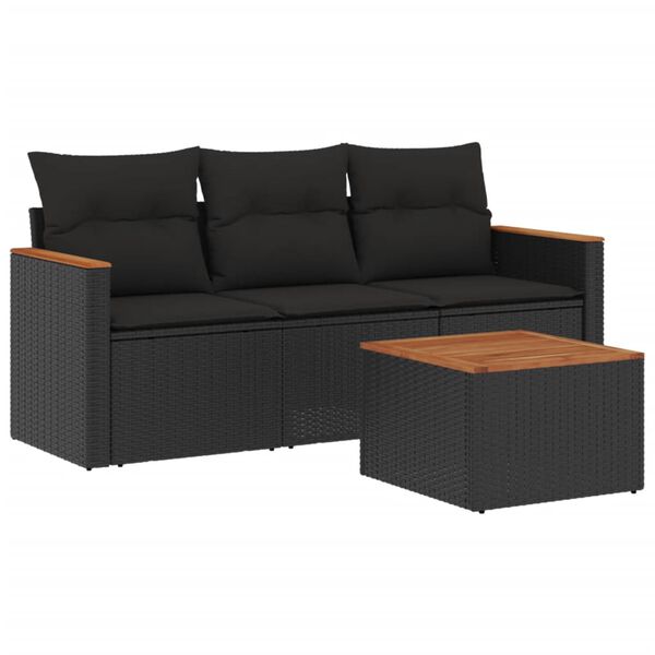 vidaXL 4-delige Loungeset met kussens poly rattan zwart