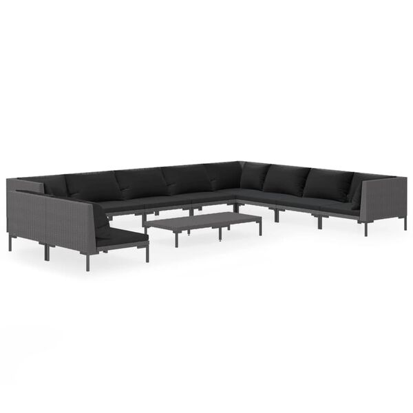 vidaXL 11-delige Loungeset met kussens poly rattan donkergrijs