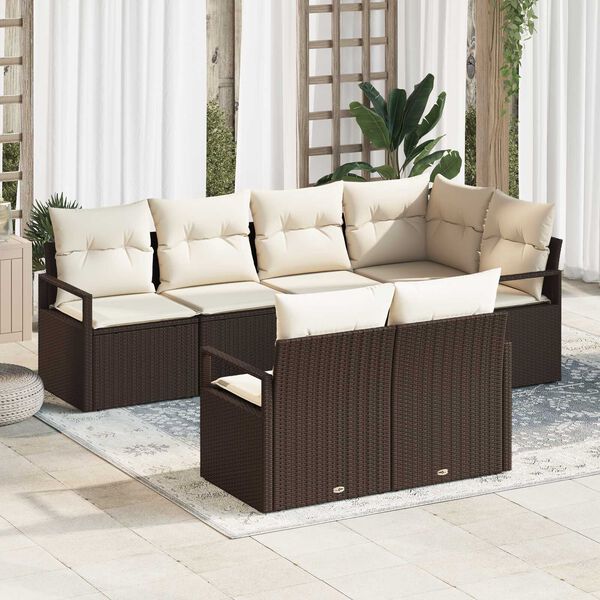 vidaXL Tuinbankenset met kussen 7 pcs Bruin en wit poly rattan