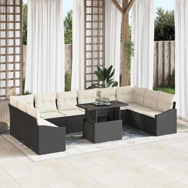 vidaXL Tuin Sofa Set met kussen met opslag 11 pcs Zwart en Cr&egrave;me
