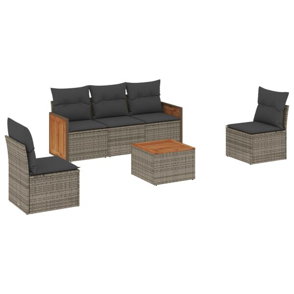 vidaXL 6-delige Loungeset met kussens poly rattan grijs