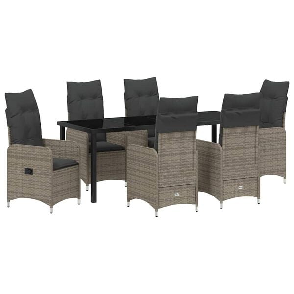 vidaXL Tuin eettafelset met kussen 7 pcs Grijs poly rattan
