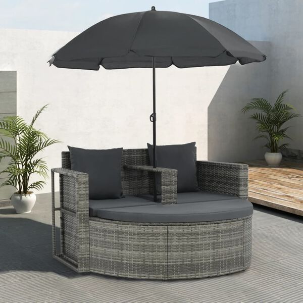 vidaXL Tuinbank 2-zits met kussens en parasol poly rattan grijs