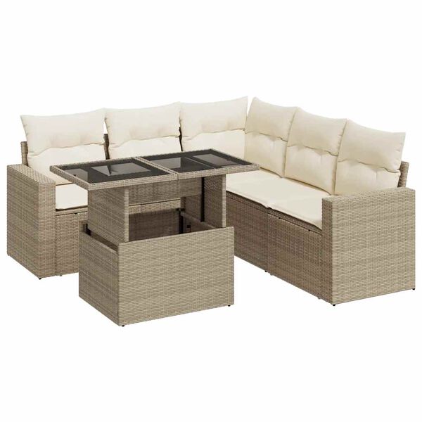 vidaXL 6-delige Loungeset met kussens poly rattan beige