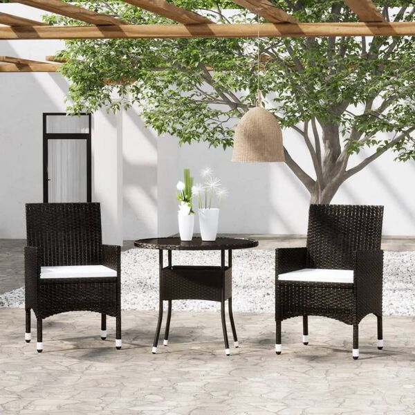 vidaXL 3-delige Bistroset poly rattan en gehard glas zwart