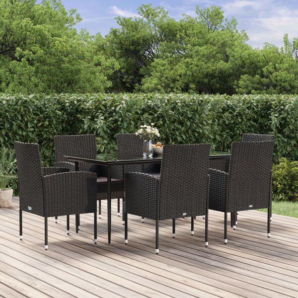 vidaXL 7-delige Tuinset met kussens poly rattan zwart