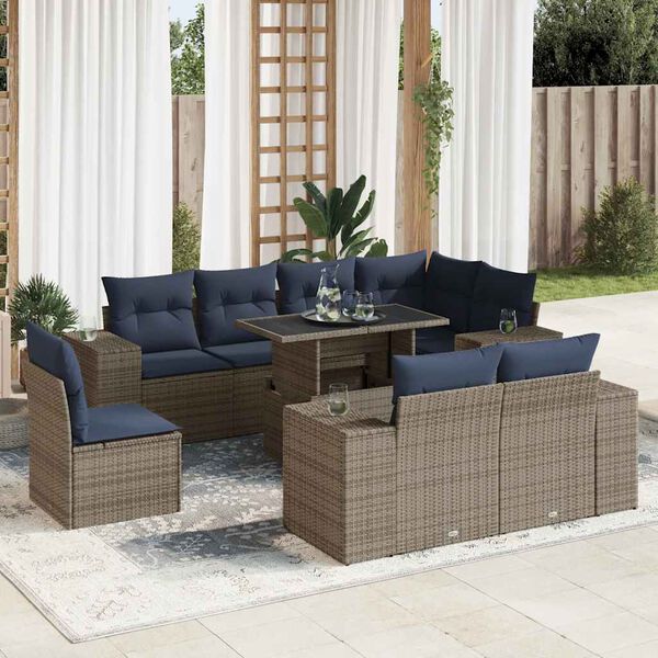 vidaXL 9-delige Loungeset met kussens poly rattan acacia grijs
