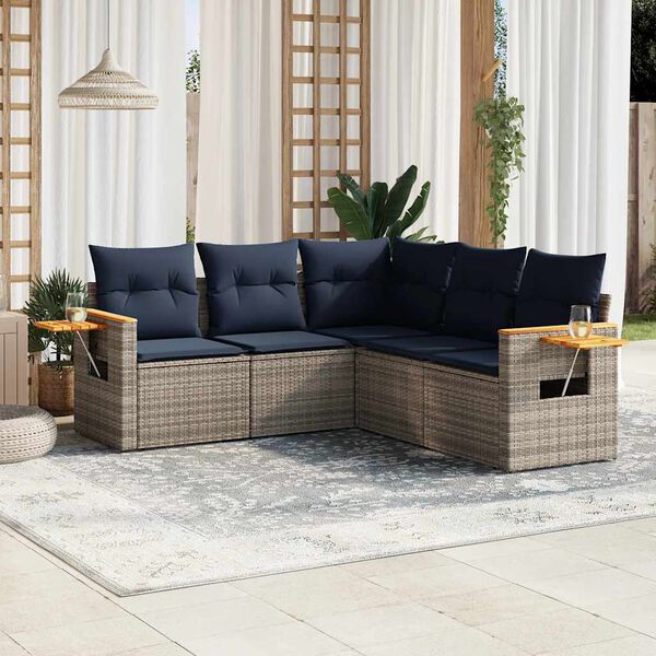 vidaXL 5-delige Loungeset met kussens poly rattan grijs