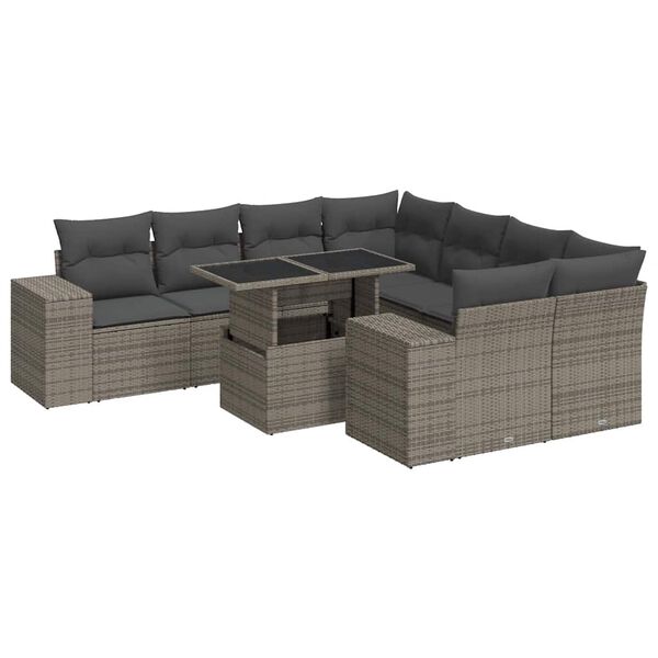 vidaXL 9-delige Loungeset met kussens poly rattan grijs