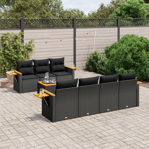 vidaXL 8-delige Loungeset met kussens poly rattan zwart