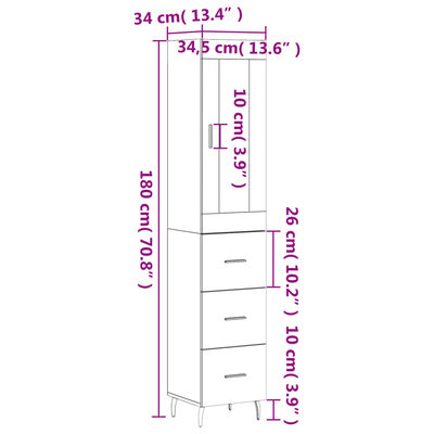 vidaXL Hoge kast 34,5x34x180 cm bewerkt hout hoogglans wit