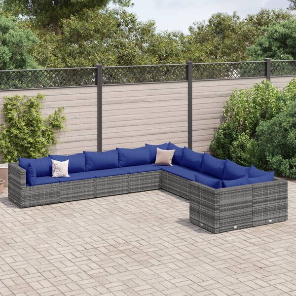 vidaXL 10-delige Loungeset met kussens poly rattan grijs