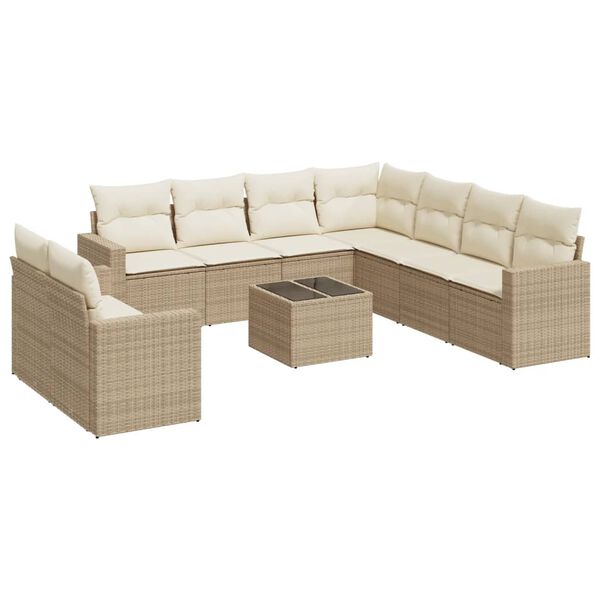 vidaXL 10-delige Loungeset met kussens poly rattan beige