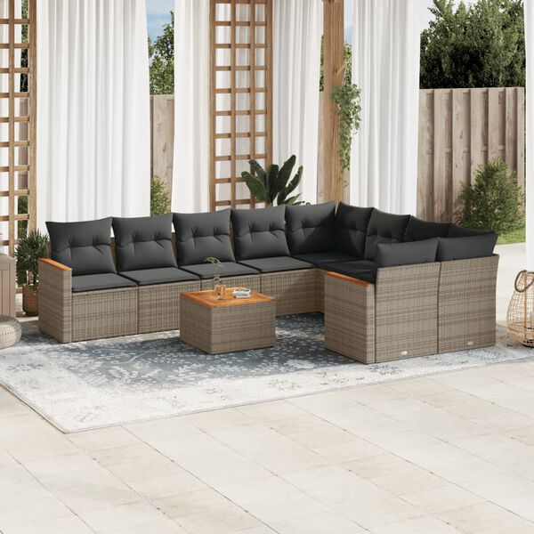 vidaXL 10-delige Loungeset met kussens poly rattan grijs