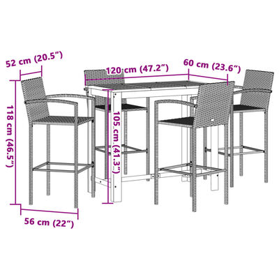 vidaXL 5-delige Tuinbarset massief acaciahout en poly rattan grijs