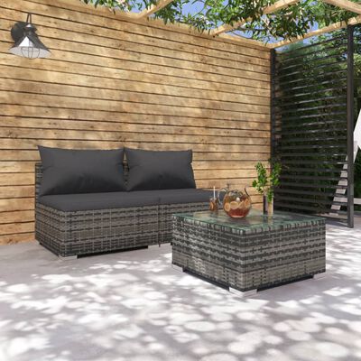 vidaXL 3-delige Loungeset met kussens poly rattan grijs