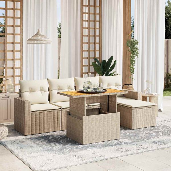 vidaXL 6-delige Loungeset met kussens poly rattan beige