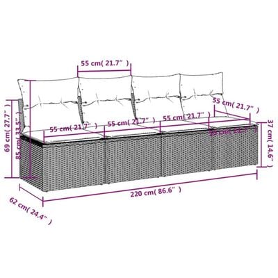 vidaXL Tuinbank 4-zits met kussens poly rattan zwart