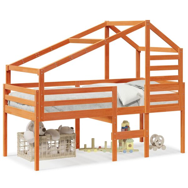 vidaXL Hoogslaper met dak massief grenenhout wasbruin 90x200 cm