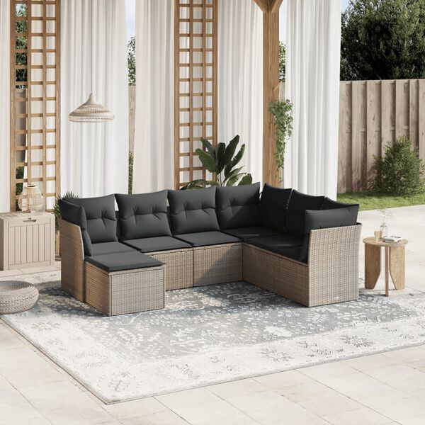 vidaXL 7-delige Loungeset met kussens poly rattan lichtgrijs