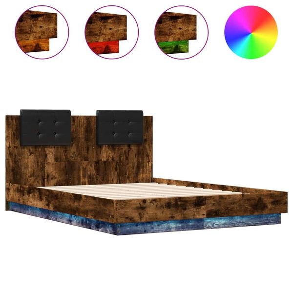 vidaXL Bedframe met hoofdbord en LED gerookt eikenkleurig 135x190 cm