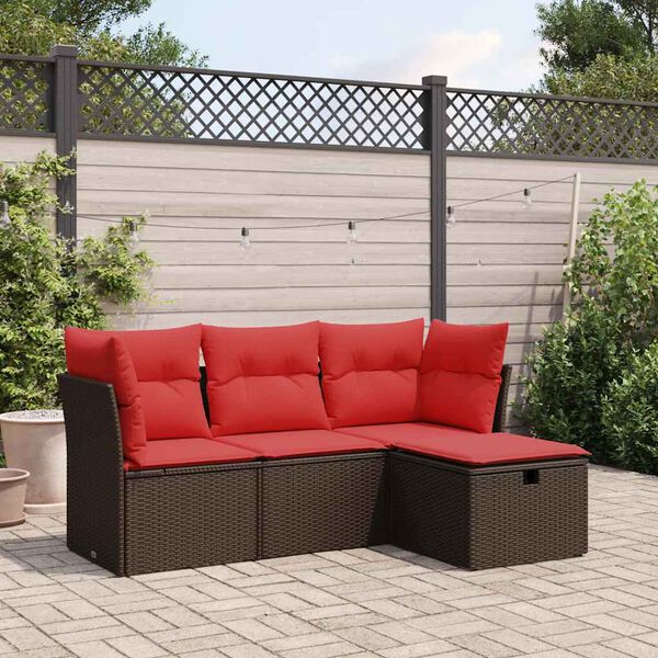 vidaXL 4-delige Loungeset met kussens poly rattan bruin