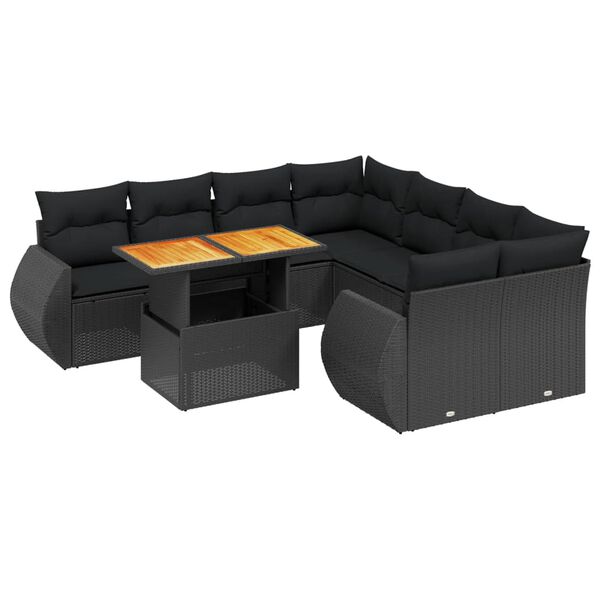 vidaXL 9-delige Loungeset met kussens poly rattan zwart