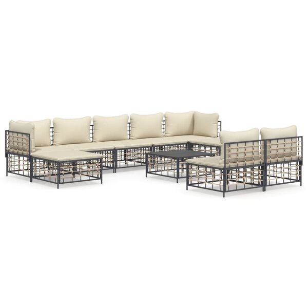 vidaXL 10-delige Loungeset met kussens poly rattan antracietkleurig