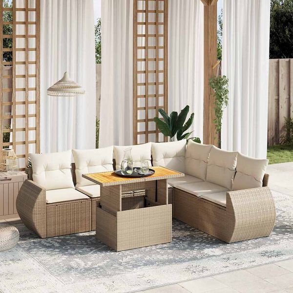 vidaXL 7-delige Loungeset met kussens poly rattan beige