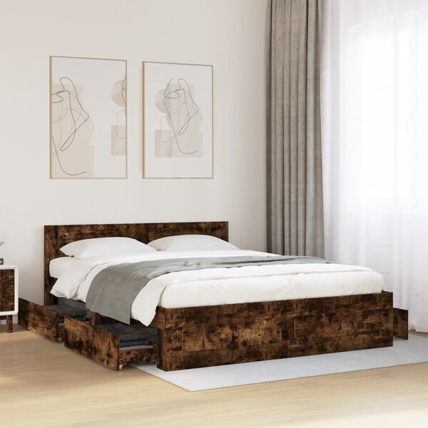 vidaXL Bedframe met hoofdeinde bewerkt hout gerookt eiken 150x200 cm