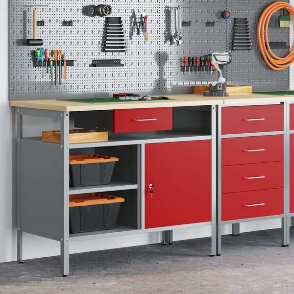 vidaXL Werkbank met lade met plank Rood en Grijs 100 x 55 x 85 cm