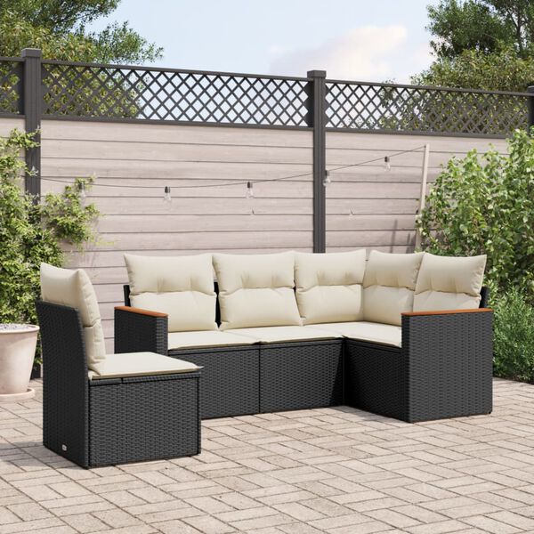 vidaXL 5-delige Loungeset met kussens poly rattan zwart