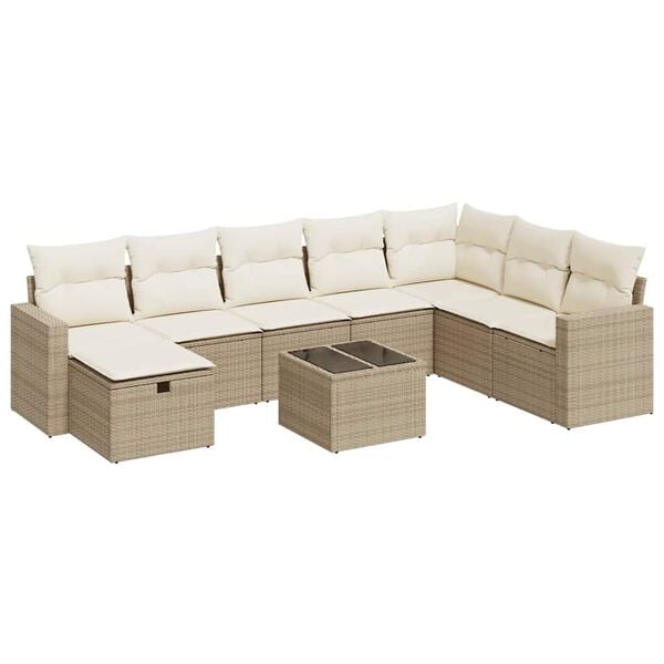 vidaXL 9-delige Loungeset met kussens poly rattan beige