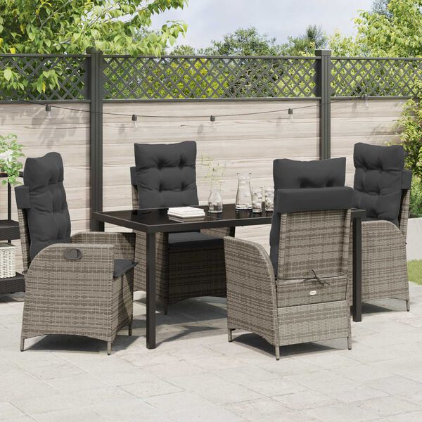 vidaXL Tuin eettafelset met kussen 5 pcs Grijs poly rattan